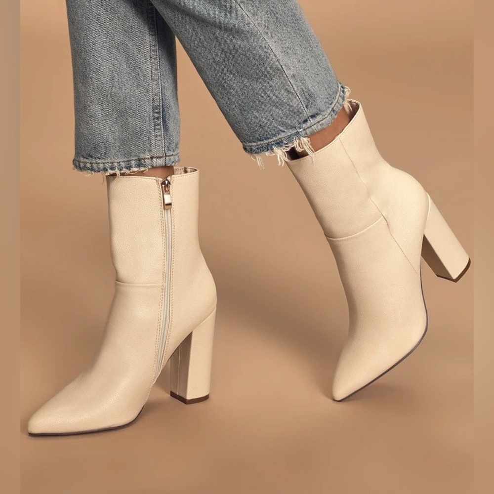 Lulu’s Dawson Bone Pebble Pointed-Toe Mid Calf Boots